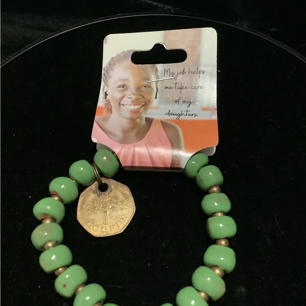 Gold and Green Beaded Bracelet with Charm